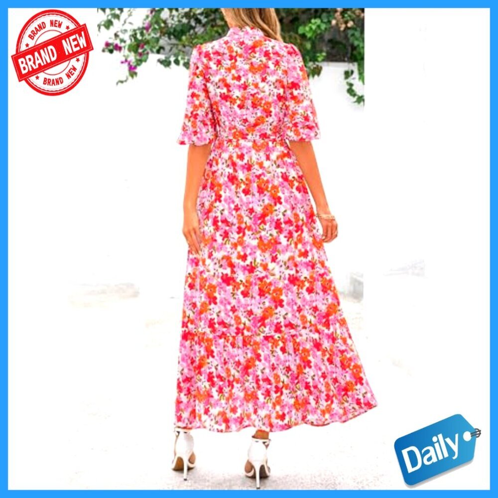 Floral Boho Maxi Dress with V-Neck and Puff Sleeves, Button Front, Tiered Skirt - Picture 6 of 7